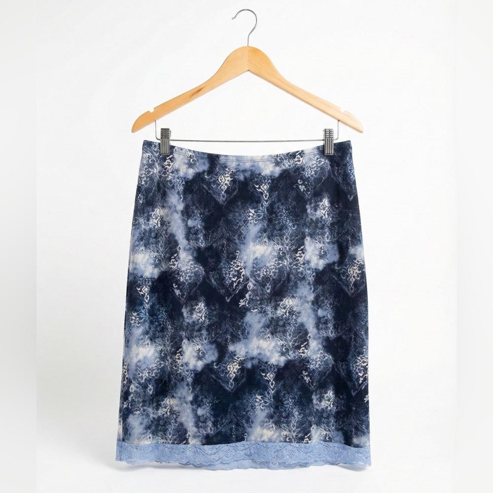 Vintage INC Blue Abstract Paisley Midi Skirt L Lace Trim Y2K Whimsigoth